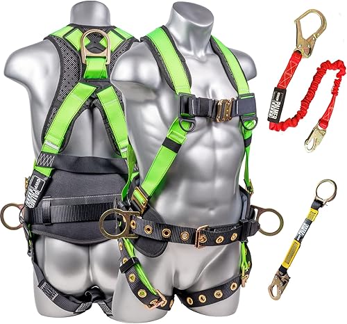 Palmer Safety Arnés de seguridad Hammerhead, soporte trasero acolchado, QCB, patas con ojales, cordón de seguridad de 6 pies con ganchos de barra,