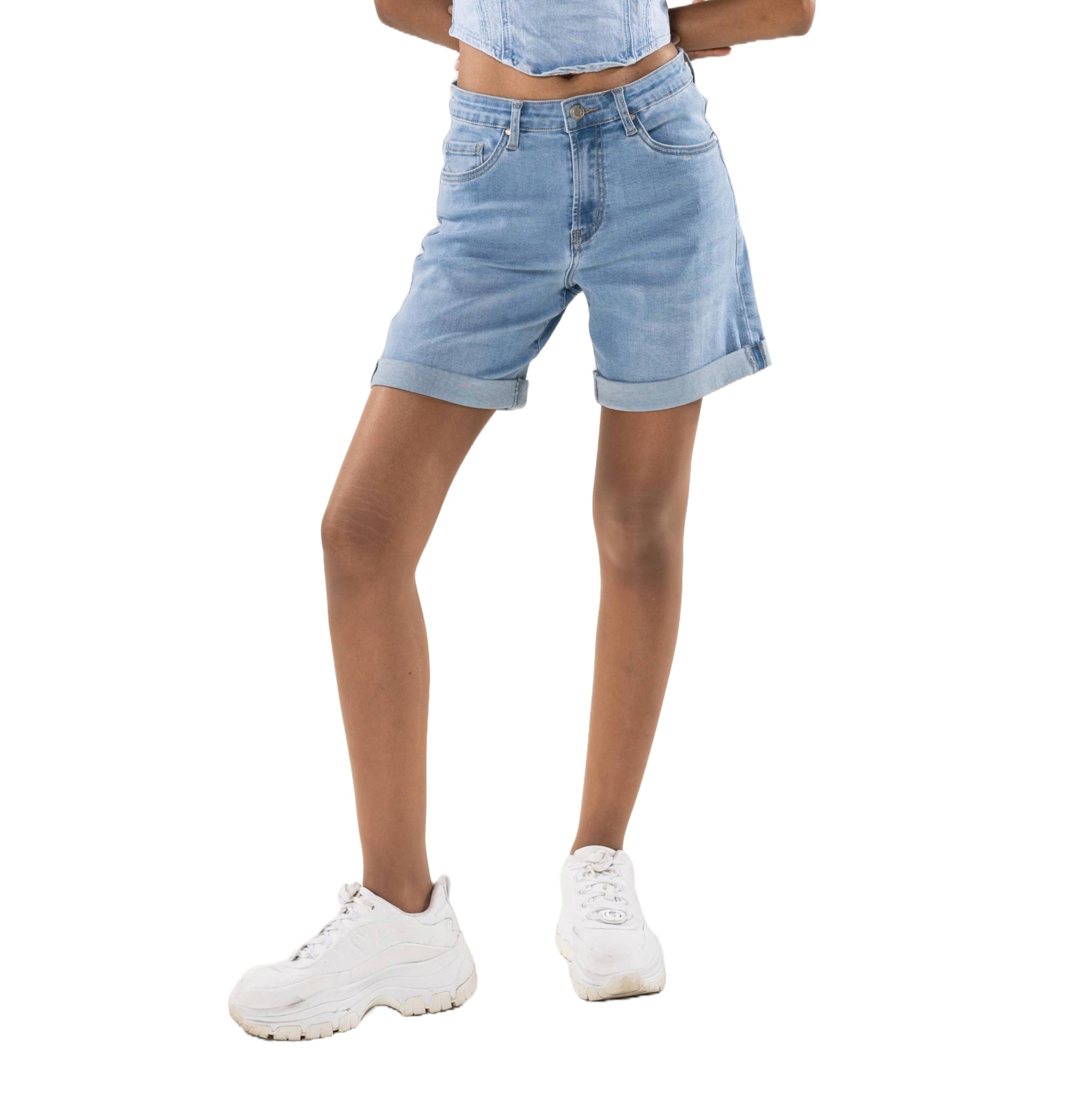 Nina Carter P208 Pantalones vaqueros cortos de cintura alta para mujer, aspecto desgastado, medio muslo, pantalones cortos de verano
