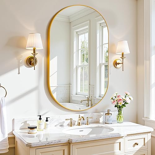 Antok Espejo ovalado dorado, 20 x 36 pulgadas, pared, tocador, espejo en forma de píldora para baño, sala de estar, dormitorio