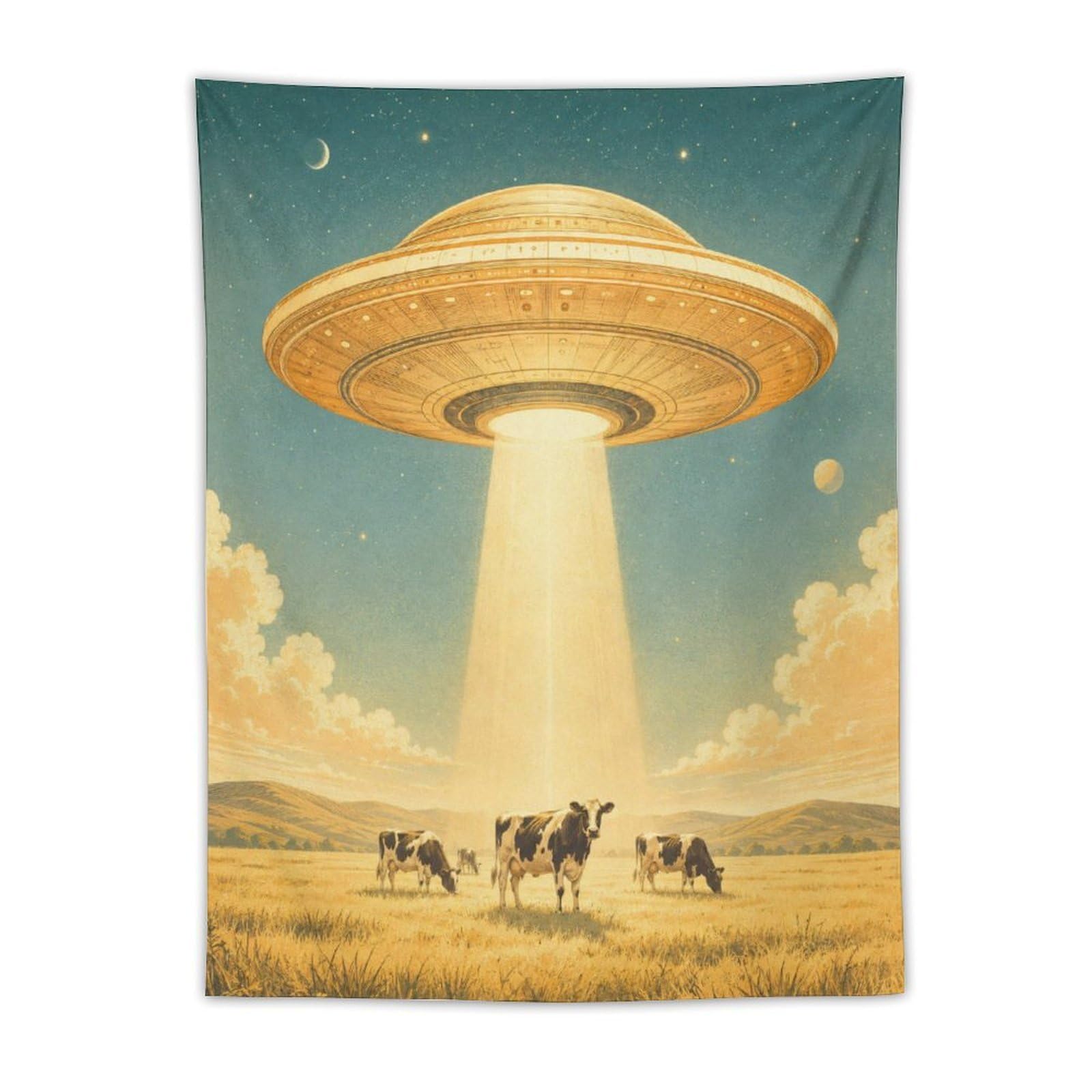 H3B8U2Y5 UFO Cattle Wheat Field Wall Tapestry, Alien Farm Scene