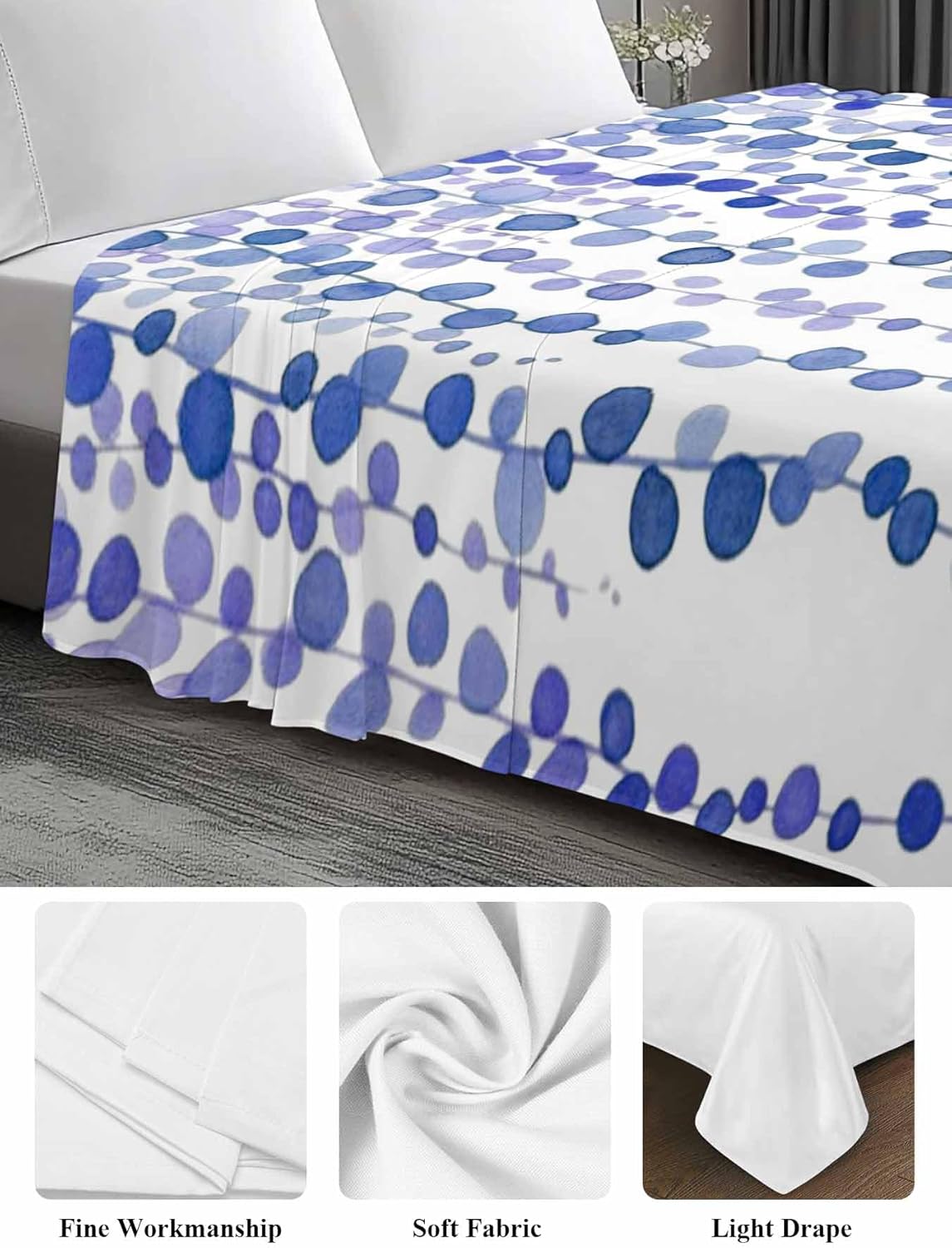 Navy Blue Polka Dots Queen Size Flat Sheet Only, Hotel Luxury Microfiber Bed Top Sheets, Vintage Abstract Art Watercolor Soft Breathable Bedding Sheet for Bedroom, Easy Care - 90" x 102"