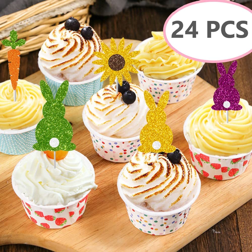 24-teiliges Oster Cupcake Topper Set – Hasen, Möhren & Sonnenblumen Mit Glitzer Für Die Osterparty