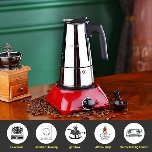 Miniatura 5 de YOLIFE Cafetera de café expreso, pequeña olla italiana para café, capuchino y café con leche, acero inoxidable, 15.2 fl oz, 16 onzas, 9 tazas (taza