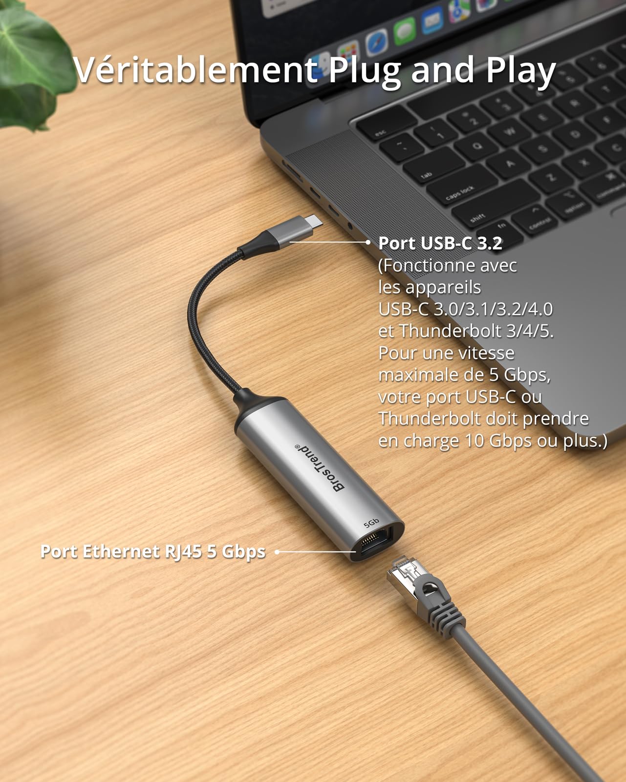 BrosTrend 5Gbps Adaptateur USB C vers Ethernet pour Windows macOS iOS etc. | Plug&Play Adaptateur USB 3.2 vers RJ45 Réseau LAN, Compatible avec PC MacBook Pro/Air iPad (Thunderbolt 5/4/3) Garantie à vie