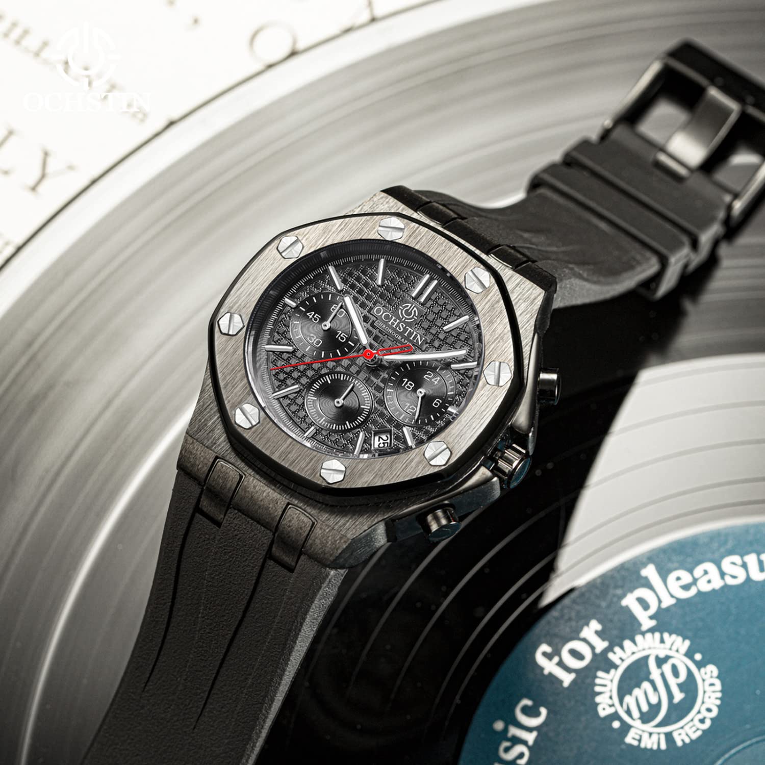 TEINTOP Ochstin Precision Chronograph męski zegarek biznesowy męski ośmiokątne zegarki, Silikon czarny, Gotycki