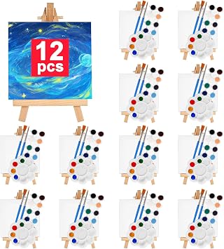 Acrylic Paint Set, 12Pack 4 * 4In Mini Canvas Boards for Painting, 12 Wood Easel, 24 Acrylic Paint, 24 Brushes, 12 Paint Trays, Painting Canvas with Easel Kits for Students Artists Beginne