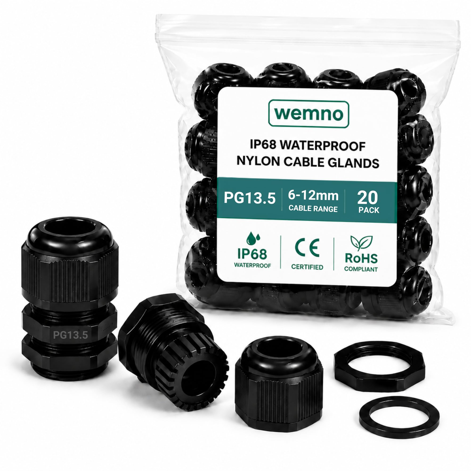 WEMNO PG13.5 Cable Glands Nylon Waterproof with Locknut and Gasket IP68 Rated PA6 Black Pack of 20 for Electrical Enclosures Junction Boxes and Control Panels