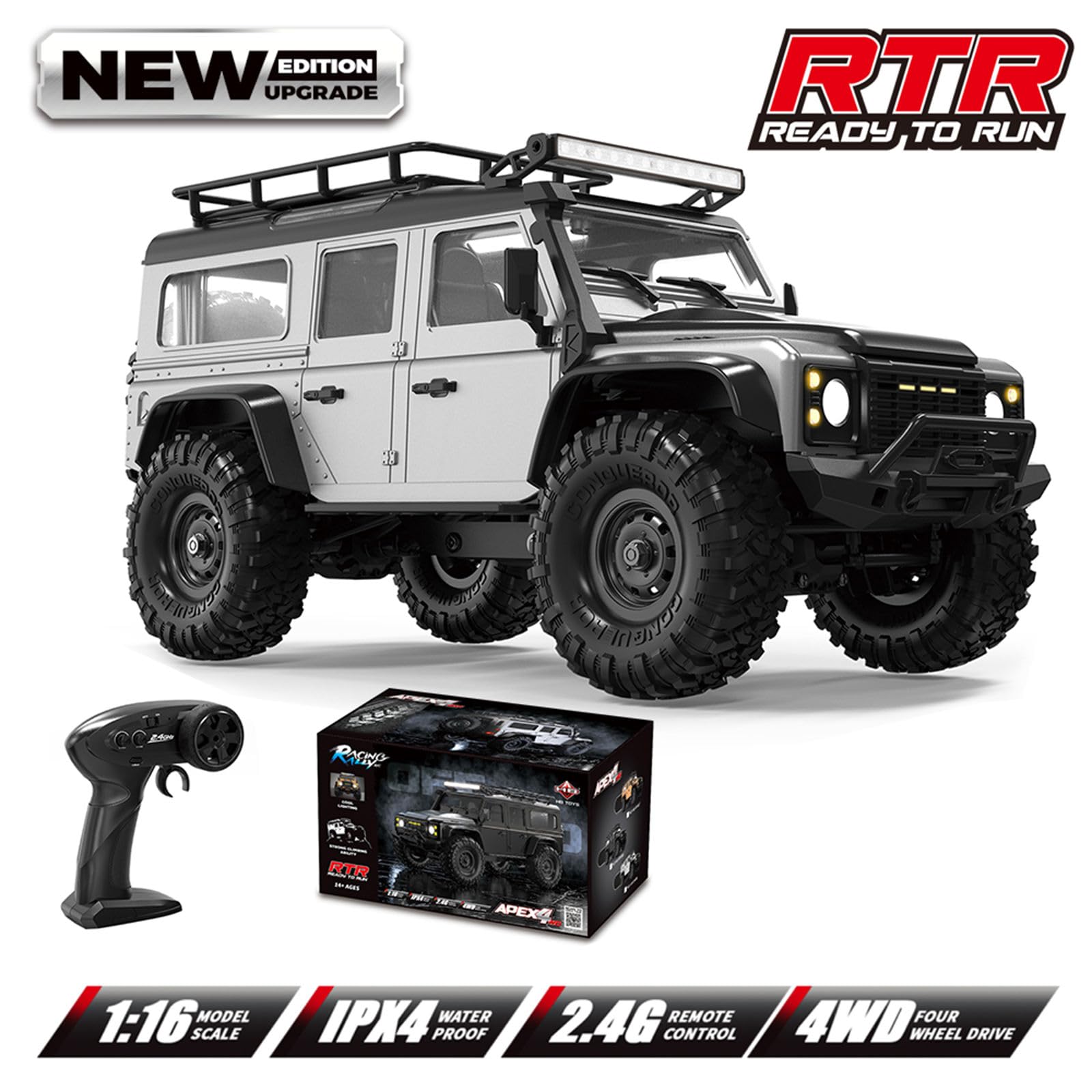 4WD Modèle Crawler Chariot à télécommande Échelle 1/16 Véhicule tout-terrain avec lumière de toit LED Jouet de compétition pour adulte