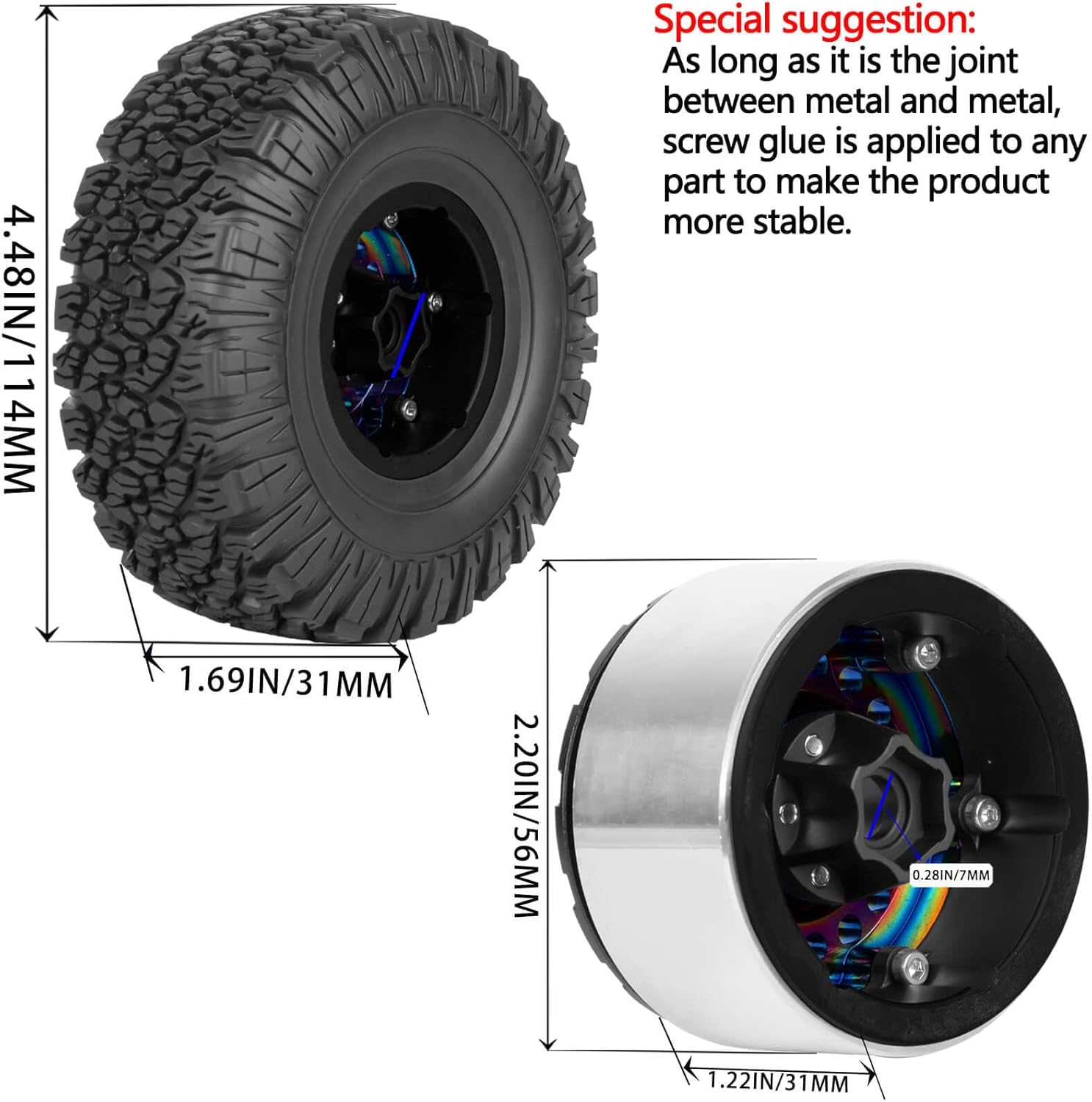 1.9 Beadlock Tire for 1/10 RC Crawler SCX10 90046 AX103007 TRX4 TRX6 Gen7 8 D90 VS4-10 MST CFX, Aluminum Deep Wheel w/Rubber Tires&Super Heavy Brass,1.9" Wheels and Tires,Colour