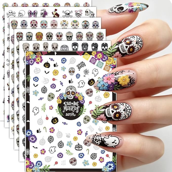 Halloween Nail Stickers for Nail Art Spooky Skull Nail Decals Horror Skeleton Zombie Design Sticker 6Pcs Self Adhesive Gothic Nail Decoration for Women Manicure Accessories