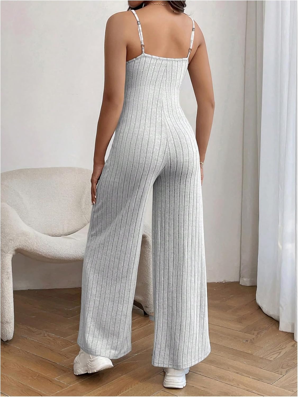 OYOANGLE Women's Maternity V Neck Spaghetti Strap Ribbed Knit Long Pants Jumpsuits - Image 2