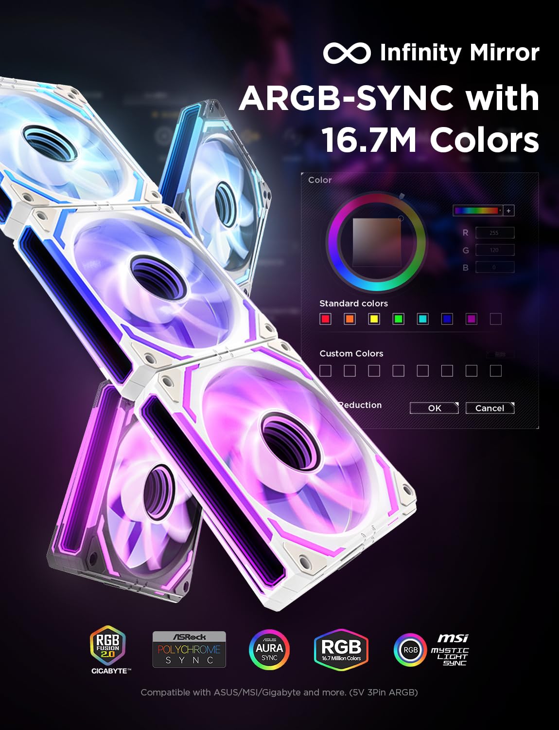 AsiaHorse COSMIQ wentylator RGB PC 120 mm Reverse wentylator obudowy 3 sztuki, ARGB Daisy Chain PC wentylator [Infinity Mirror] [FDB] 2000 RPM/68,5 CFM/24 diody LED 4 piny PWM i 5 V 3-pinowe ARGB z
