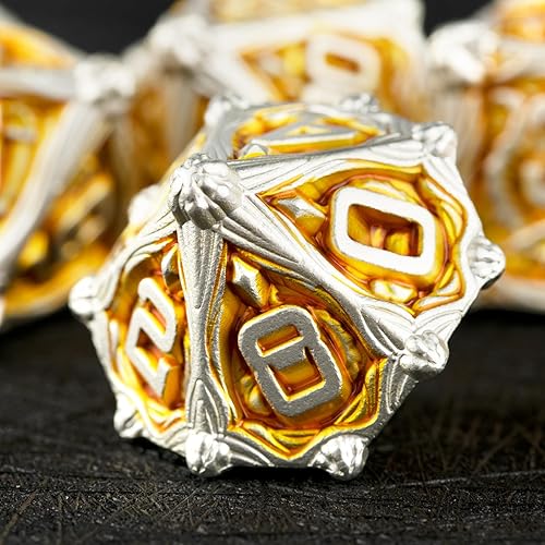 Miniatura 5 de Surpass DND - Juego de dados poliédricos de metal, 7 piezas para juegos de rol para Calabozos y Dragones, juegos de mesa RPG MTG (verde) (amarillo)