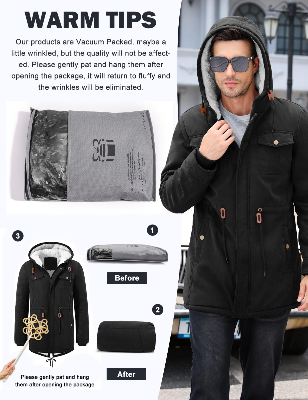 Parka Hombre Abrigo Invierno Con Forro Polar Chaqueta Cortaviento y Cálido con Capucha Largo Winter Jacket Chaqueta de Moda Pocket Coat