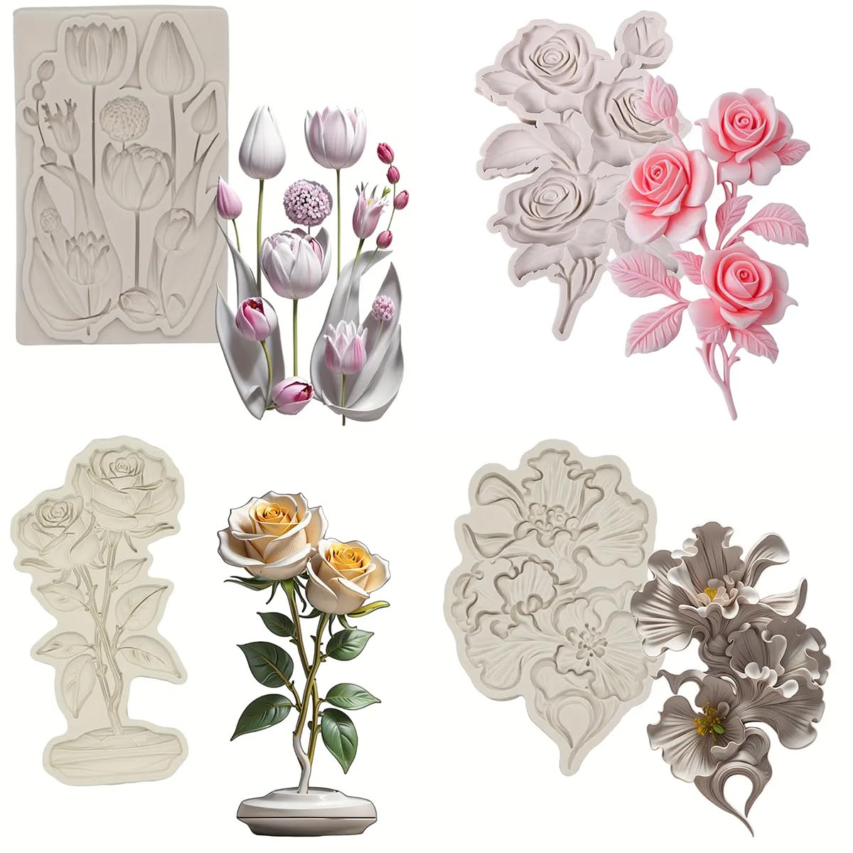 Photo 1 of (Four-piece set) Tulip Rose Silicone Mold Cake Chocolate Mold Wedding Cake Decoration Tool Soft Candy Cake Mold
