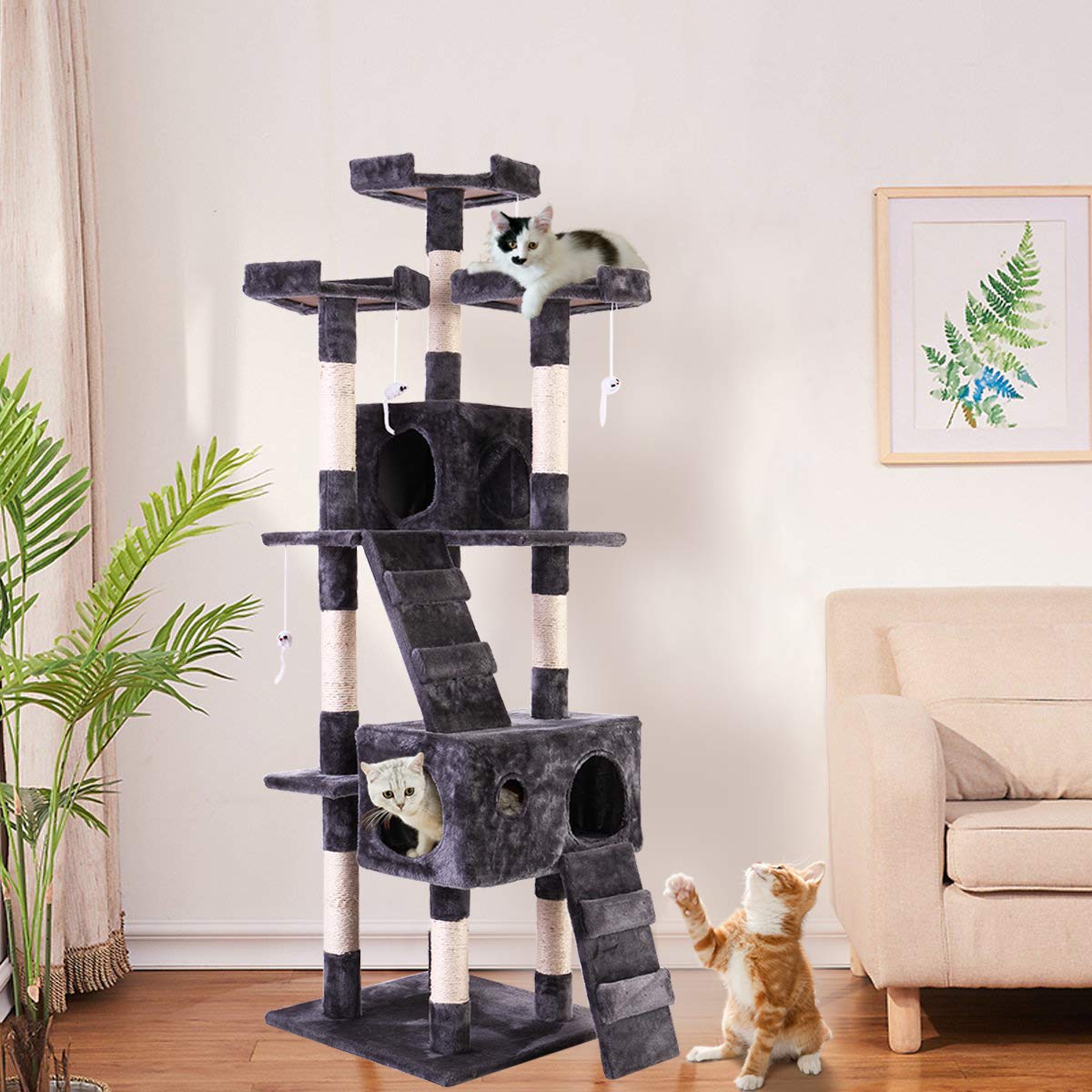 Sandinrayli 67" H Medium Cat Acitivity Tree Tower Condo Furniture Scratching Post Kitty Climbing Play House with 2 Condo House,3 Relaxing Perch,Climber Ladder and Hang Toys