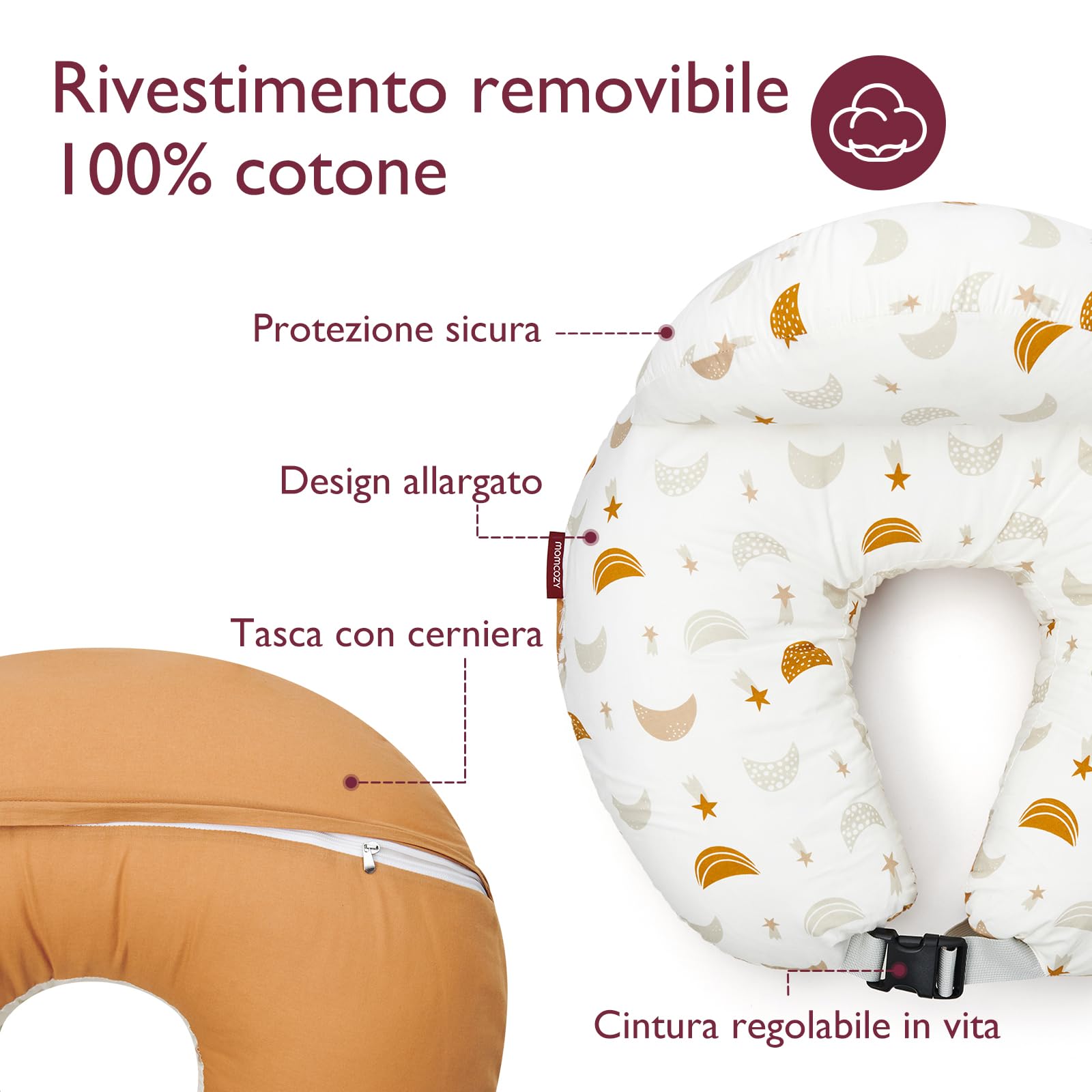 momcozy Cuscino per allattamento con bordo di sicurezza – Cuscino ergonomico per allattamento e stoccaggio con cinghia regolabile e fodera in cotone rimovibile, pioggia di meteoriti