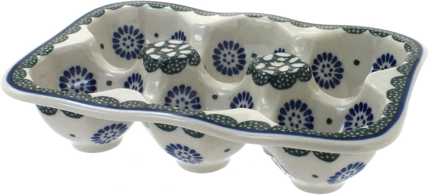 Blue Rose Polish Pottery - Blue Alyce Egg Tray - 6 Count - 7" x 5" - Decorative Tray for Storing Fresh Eggs on Counter or Table