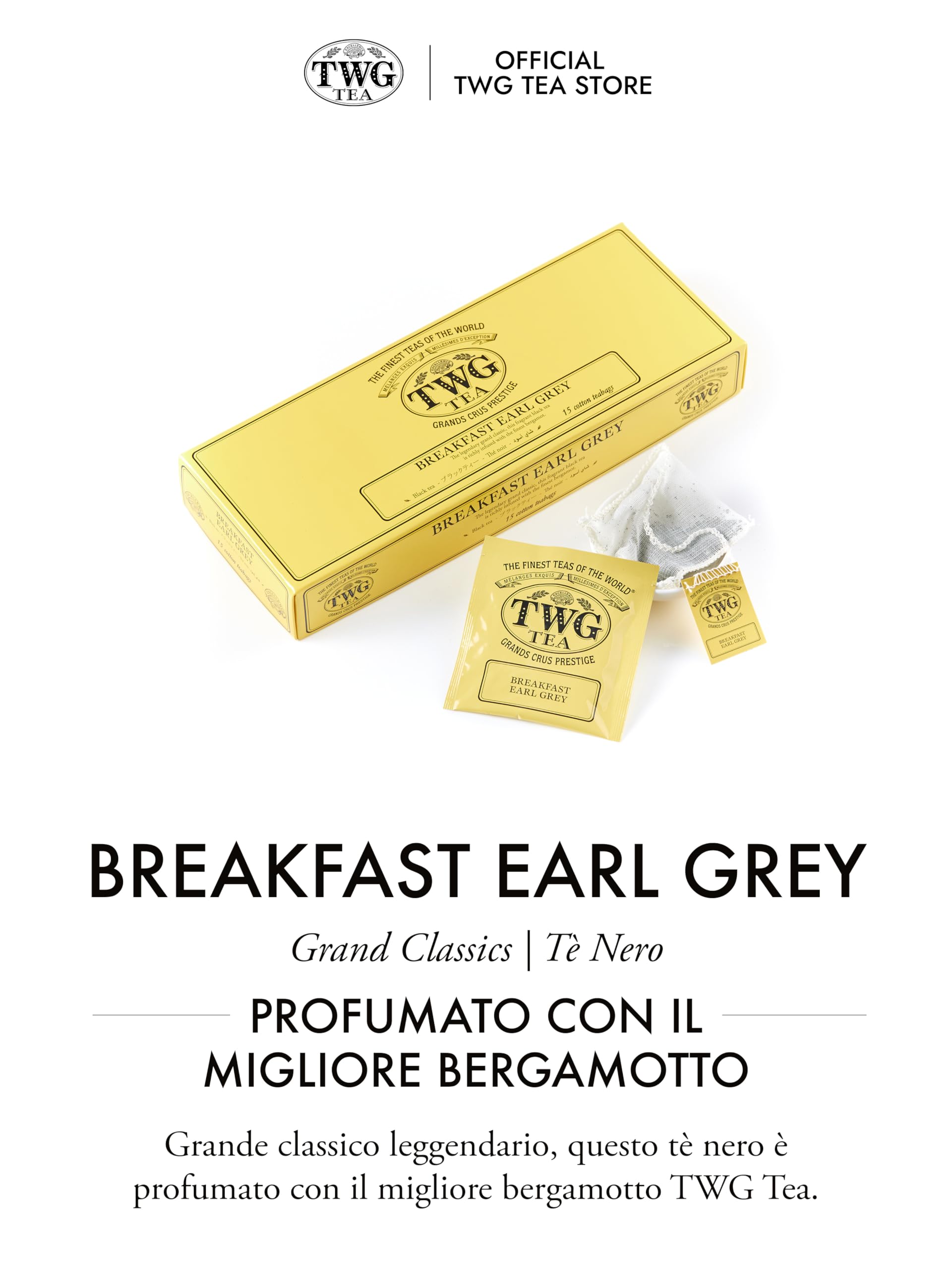 TWG Tea | Breakfast Earl Grey | Tè Nero | Bergamotto | 15 Bustine di Tè in Cotone Cucite a Mano| Set Regalo