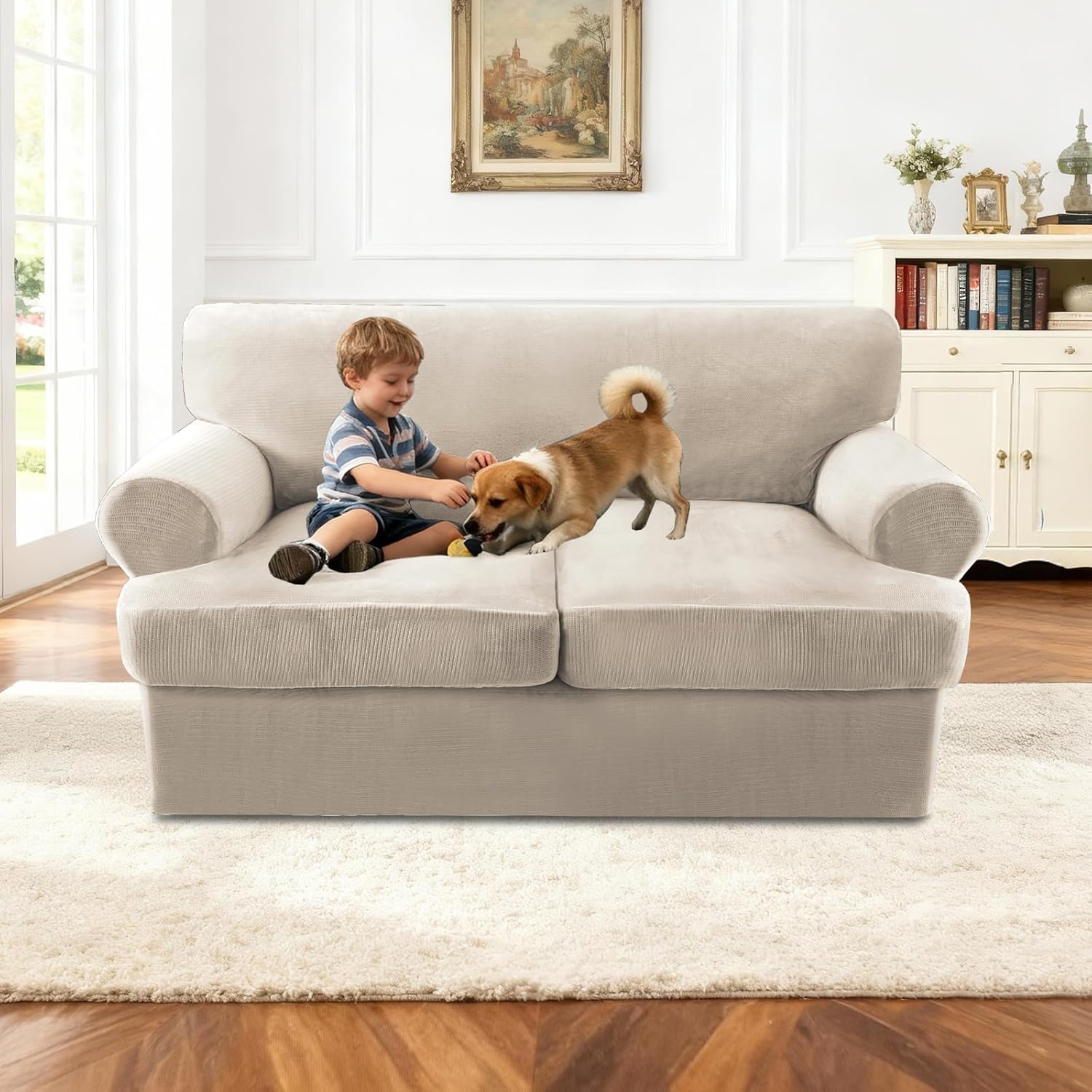 Sofa Cover 3 Piece T Cushion Loveseat Covers for 2 Cushion Couch Thick Velvet Couch Cover Stretch Furniture Covers with 2 Individual T Cushion Covers, Washable (2 Cushion Loveseat, French Oak) Loveseat (2 Cushion) French Oak