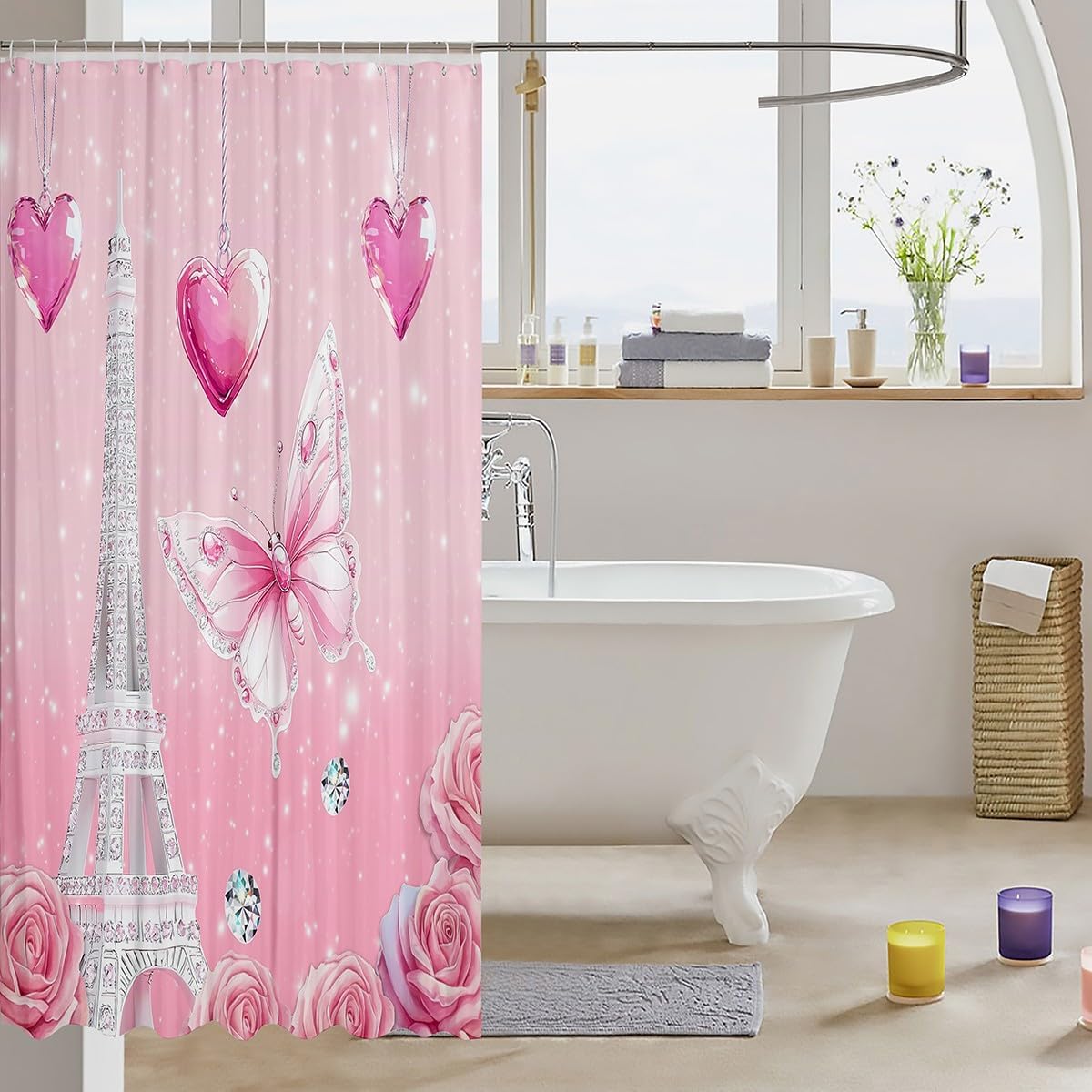 Erosebridal Pink Paris Shower Curtain Set,Eiffel Tower Rose Bathroom Decor for Girls Kids,Pink Floral Butterfly Bathroom Set,Princess French Style Fabric Shower Curtain 72" Wx78 L