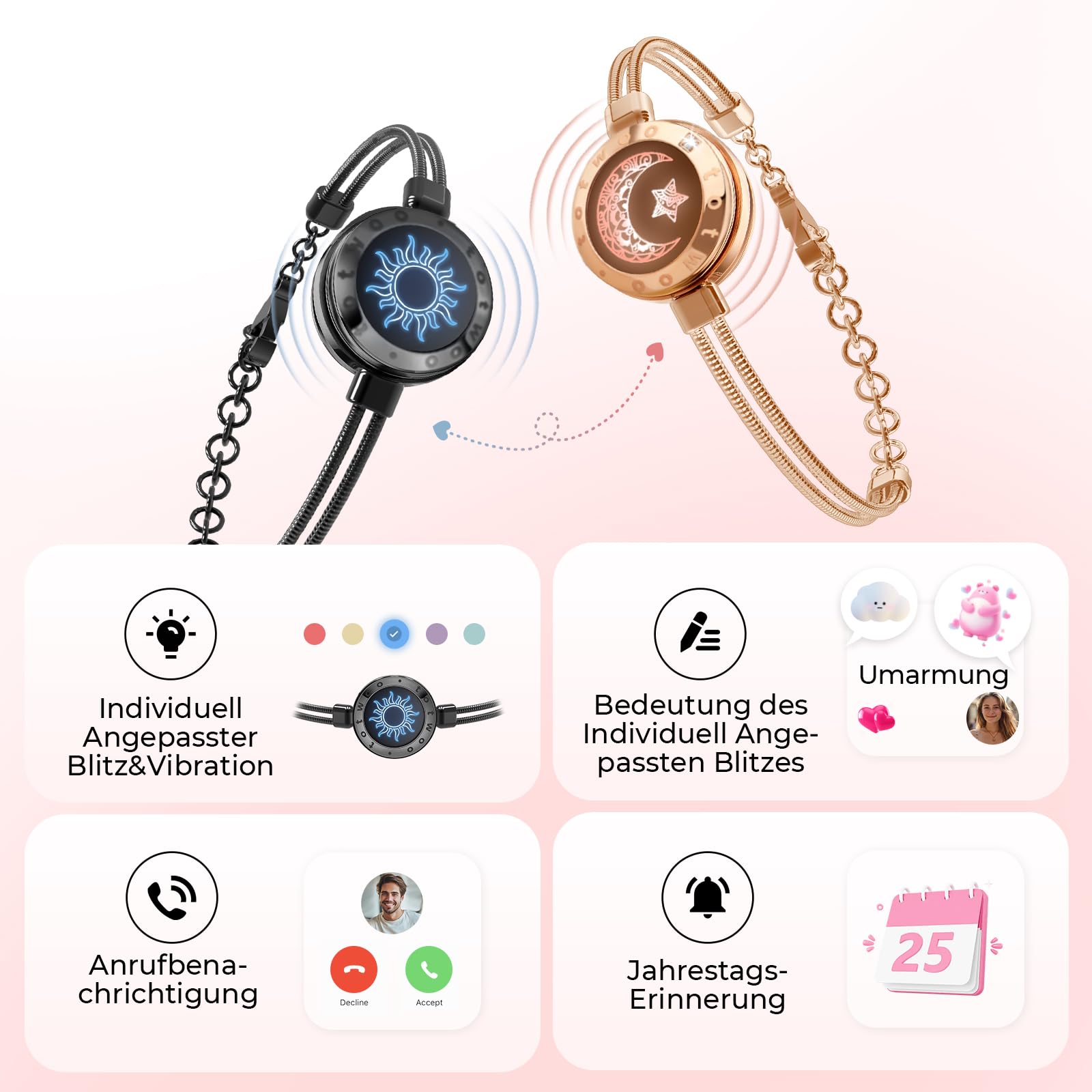 TOTWOO Braccialetti di Coppia Touch con Collegamento Bluetooth Uno a Uno tramite App, Luci e Vibrazioni – Regalo Perfetto per San Valentino e Coppie a Distanza, in Acciaio Inossidabile 316L