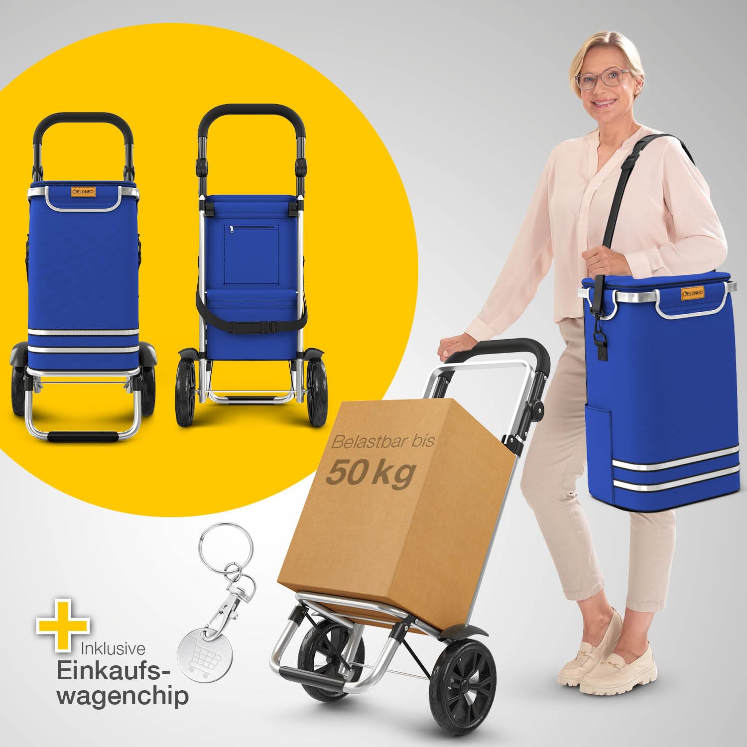 ELONEO Einkaufstrolley klappbar, Einkaufswagen mit Kühlfach, 3in1 Trolley, Sackkarre & Umhängetasche, Einkaufsrollwagen, Shopping Trolley 56L Kapazität & Einkaufschip, Hackenporsche Blau
