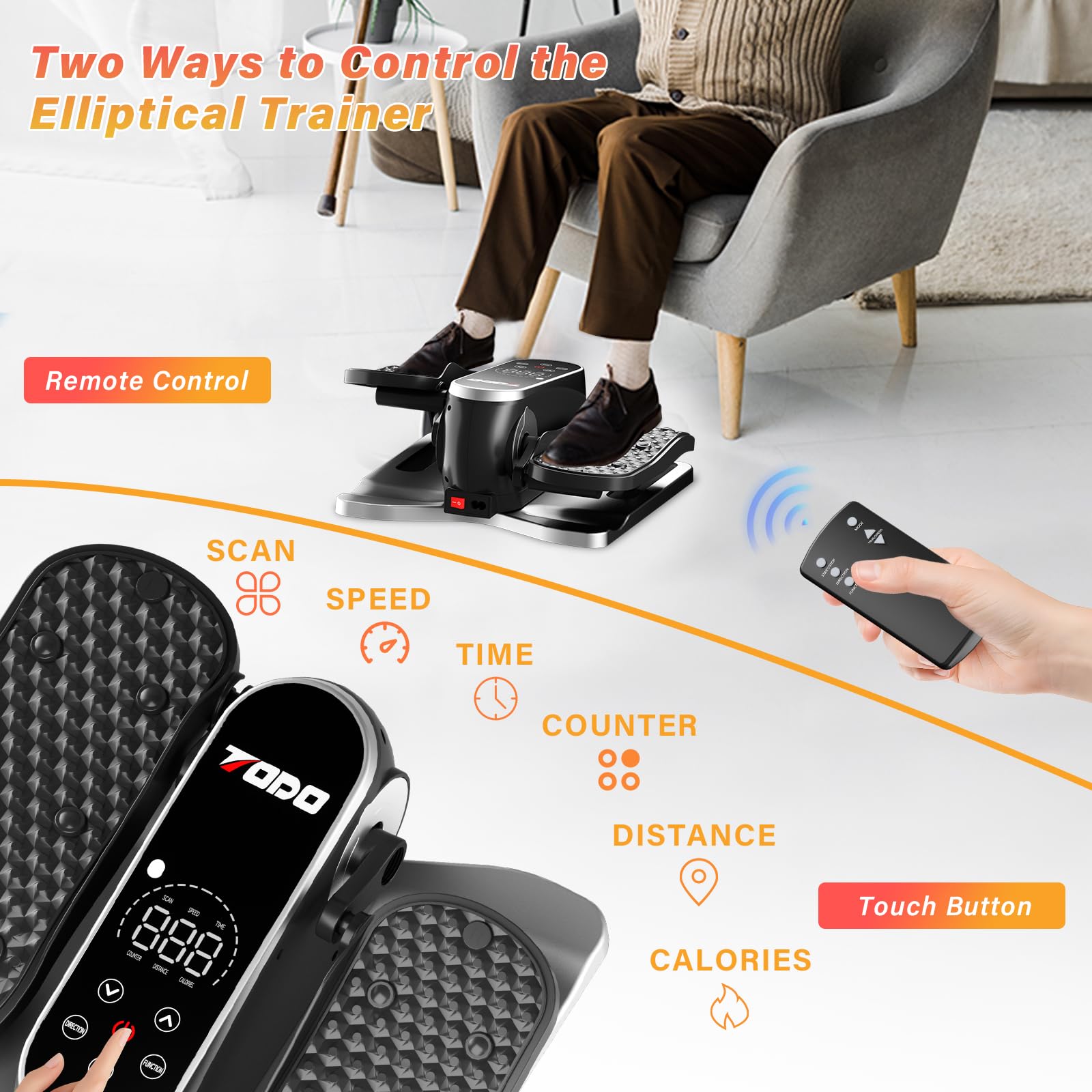 TODO Mini Ellittica Sotto la Scrivania con 12 Velocità Regolabili & Manuale/Automatica Modalità, Pedaliera Elettrica per Anziani e Adulti, Cross Trainer con Telecomando, Cinturino per Piedi e Display