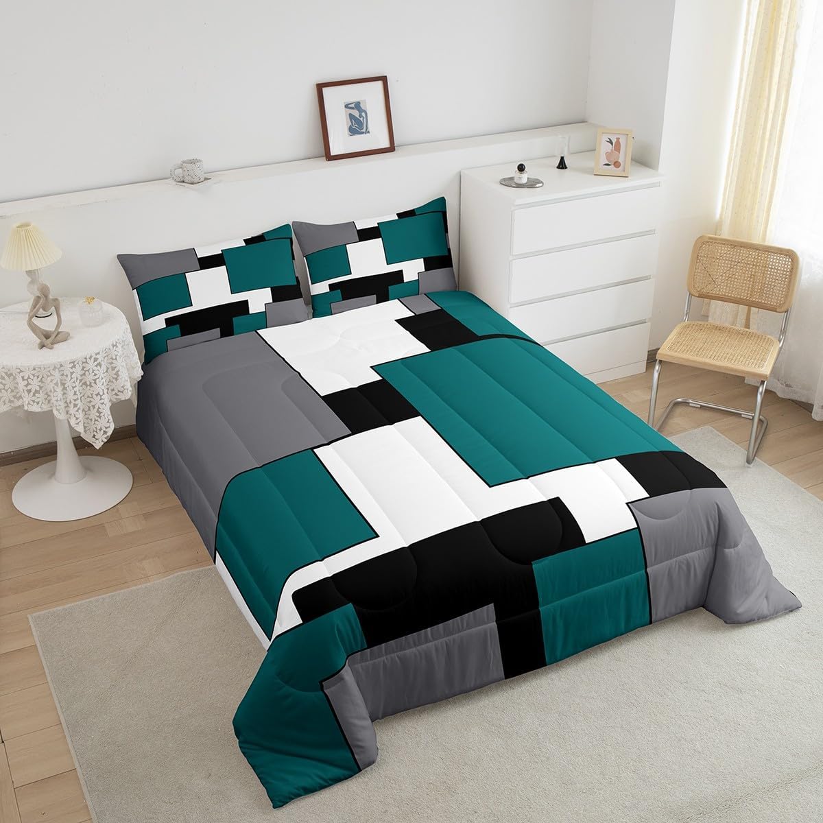 Erosebridal Grey White Indigo Black Comforter Set,Geometric Square Bedding Set for Kids Boys Girls All Season,Modern Grid Down Comforter Queen,Teens Simple Style Stripes Quilted Duvet Warm