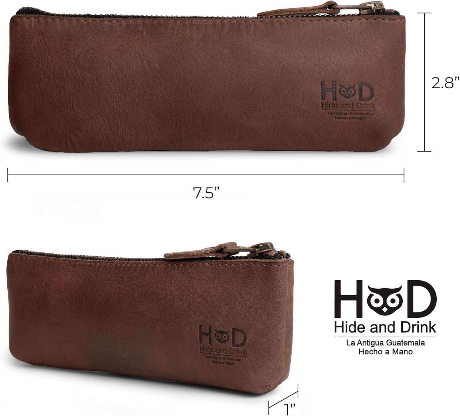 Hide & Drink, Rectangular Pencil Case, Pen & Marker Pouch for Men and Women, Flat Zippered Holder, Classic Style for Artists, Full Grain Leather, Handmade, Bourbon Brown
