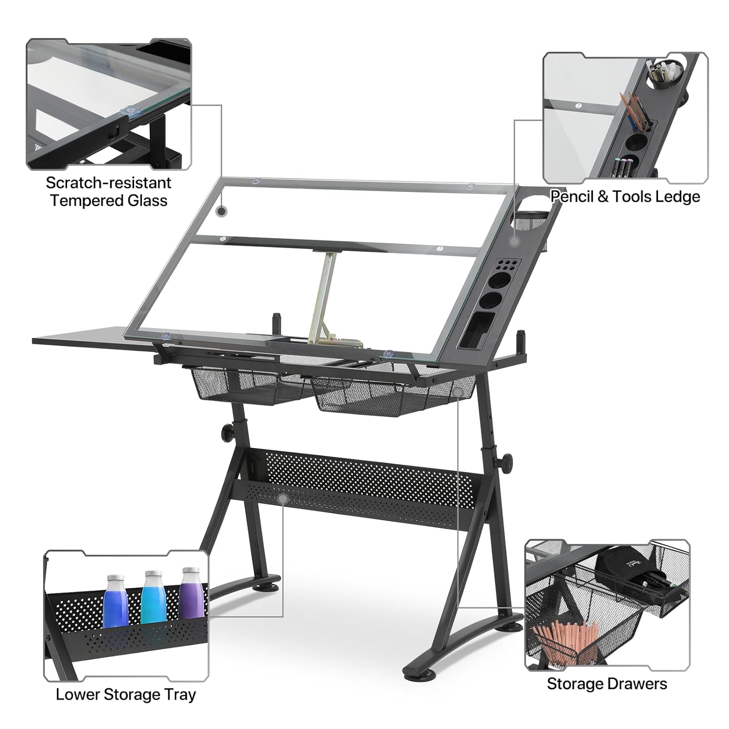 MoNiBloom Adjustable Height Drafting Table with Stool, Modern Style, Tough Glass Top, 28-36 in Length, 19 in Width, 30 in Height, Ideal for Artists, Designers, Office, Studio