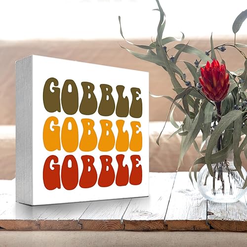 Miniatura 4 de Decoración de escritorio de otoño, Groovy Gobble Gobble Fall Thanksgiving Wood Block Sign Decoración de escritorio, caja de madera rústica de