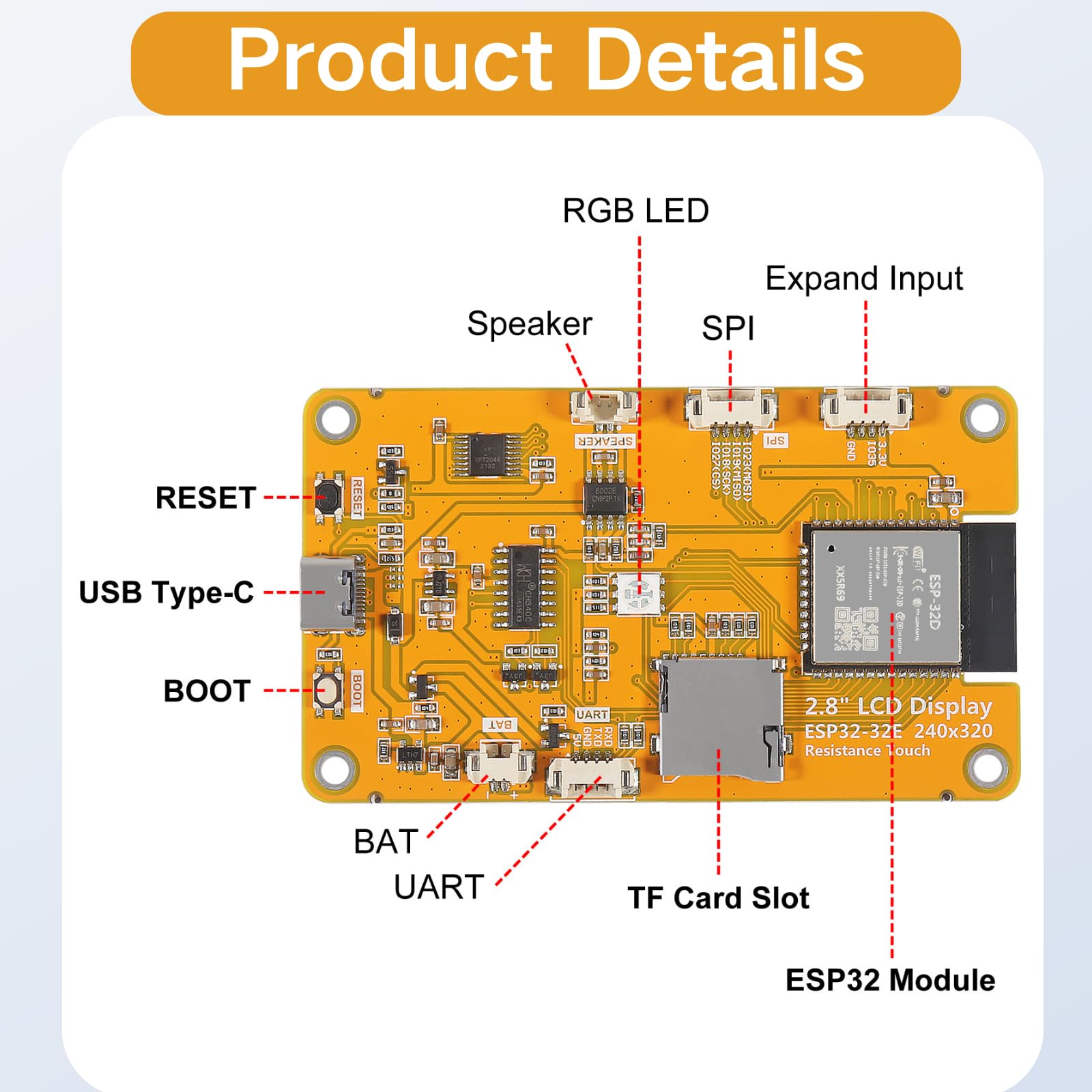 Display ESP32 da 2,8 pollici con custodia in acrilico, modulo ESP32 ESP32-2432S028R WiFi+BT Dual-core TFT driver ILI9341 per Arduino IoT, scheda di sviluppo ESP32 240X320 Smart LCD Display Screen