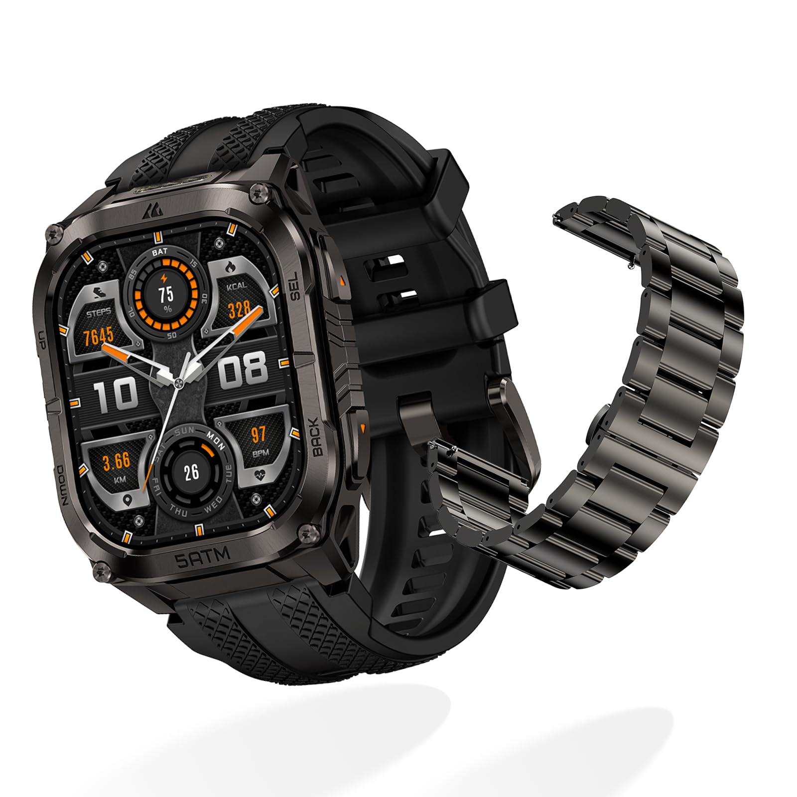 KOSPET Tank M4 GPS Smartwatch con 2 Correas (1 de Acero Inoxidable), Ideal para Uso Diario y Deporte, con Cambio rápido-Nero