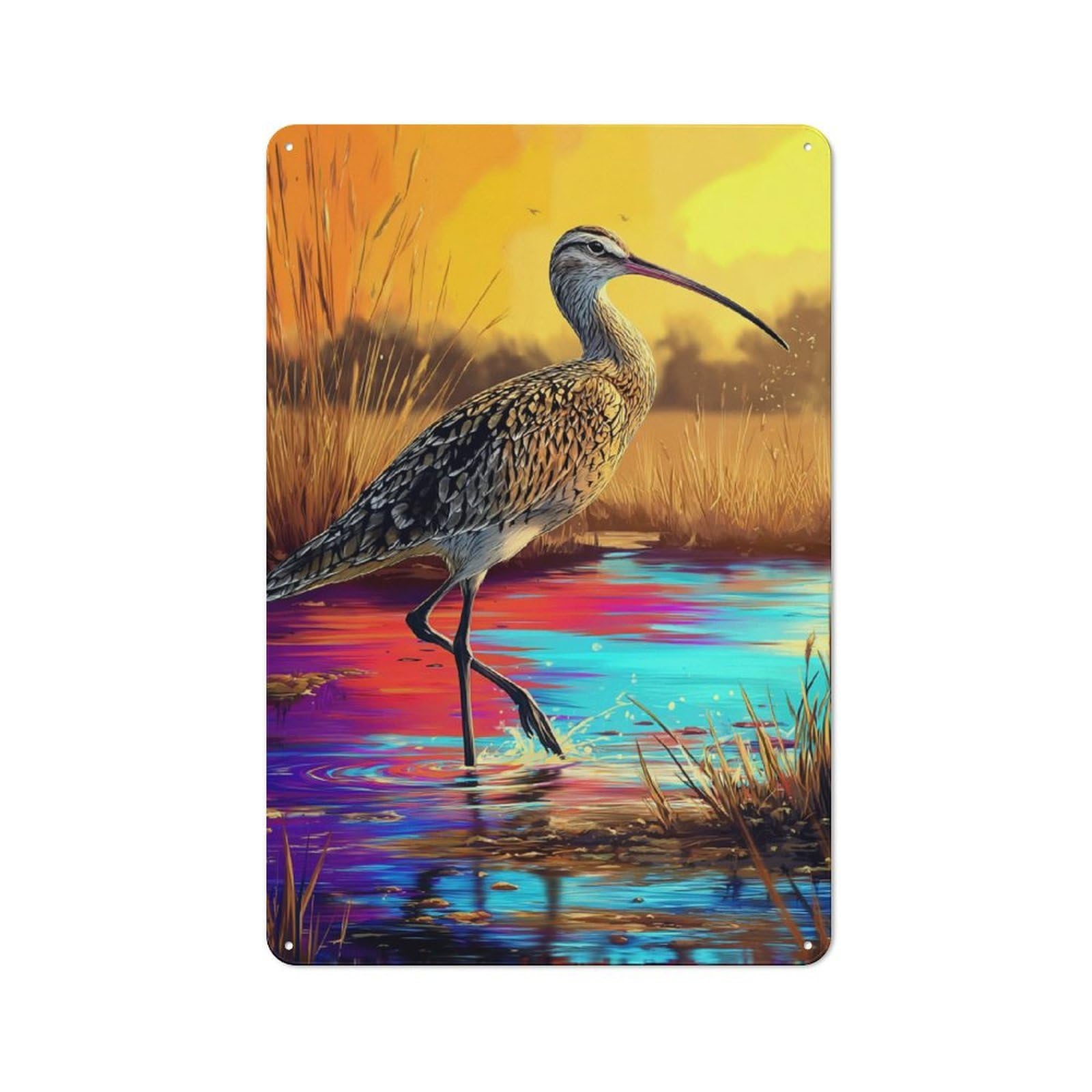 Junmoney Curlew In Reflective Pond At Sunset Retro Metal Sign 30X20cm For Living Room Or Hallway, For Updating Living Room And Hallway After Moving