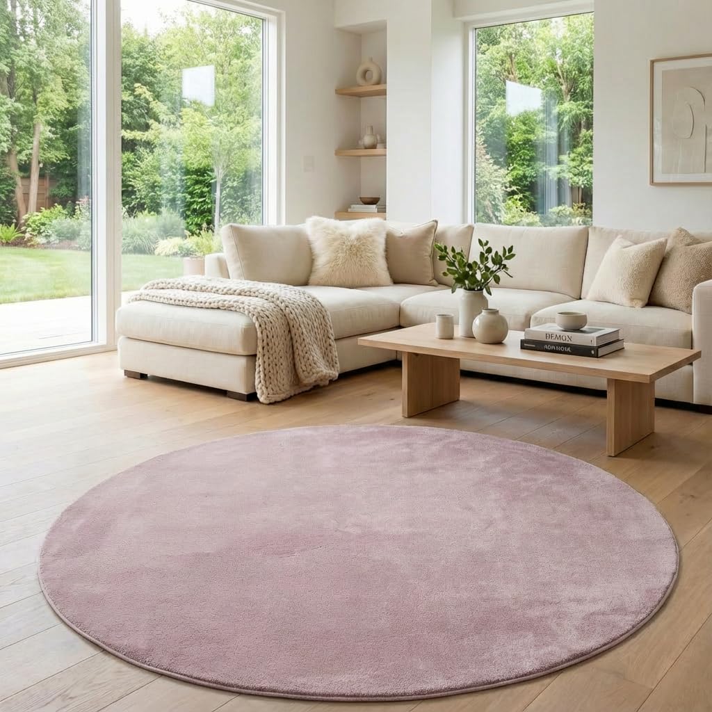 Jimri Flauschiger Teppich Läufer - Hochwertiger Kurzflor für Zuhause, Büro, Küche, Eingang, Flur, Wohnzimmer - Maschinenwaschbar - Rutschfester Teppich Waschbar - 80 cm Rund - Rosa