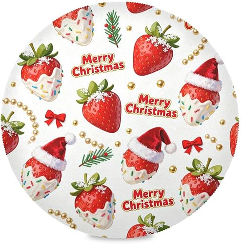 Miniatura 2 de Merry Christmas Red Strawberry Round Place mat Christmas Reversible Quilted placemat individuales para mesa de comedor Rose Gold 15.4x15.4in Set of 6