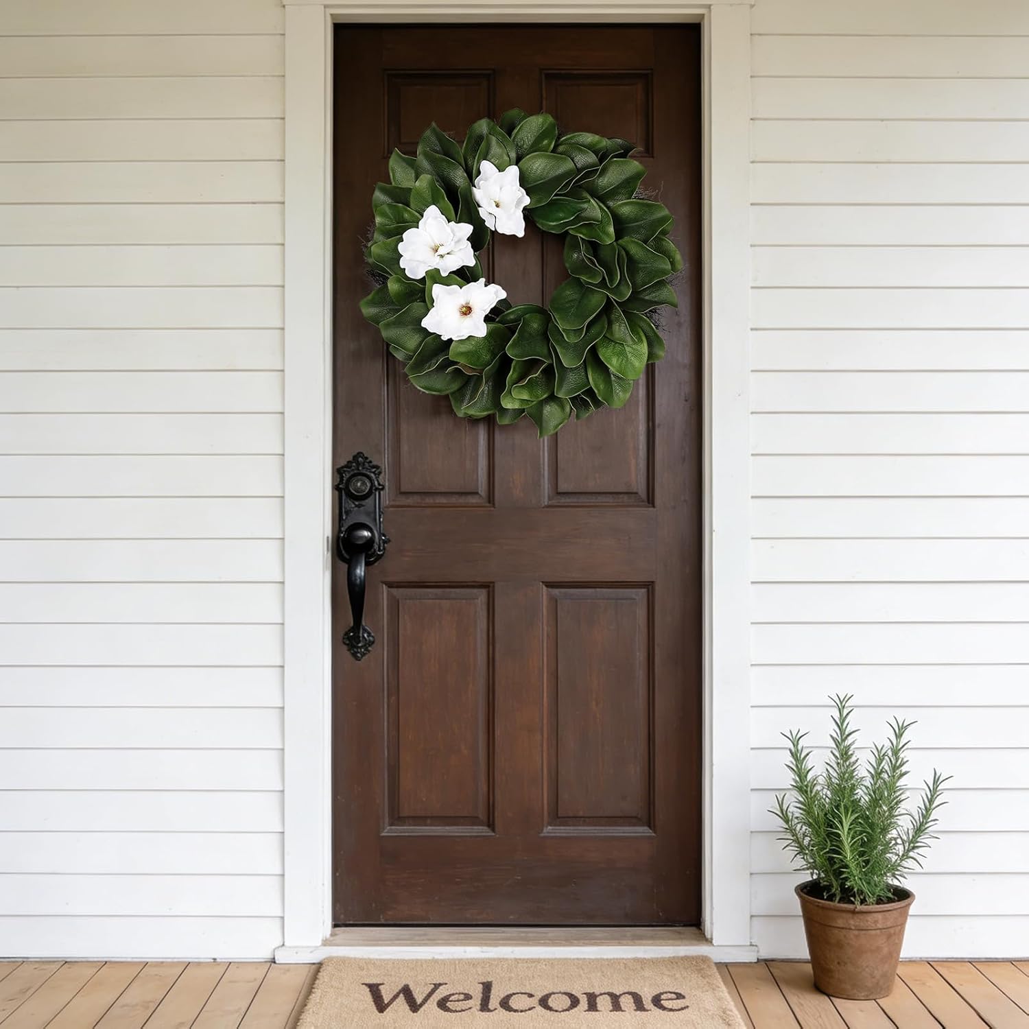 24 Inch Artificial Magnolia Wreath for Front Door, Green Leaf Wreath with Sash Ribbon, All Season Farmhouse Indoor Outdoor Decor, Wedding Holiday Housewarming Birthday Gift for Mom