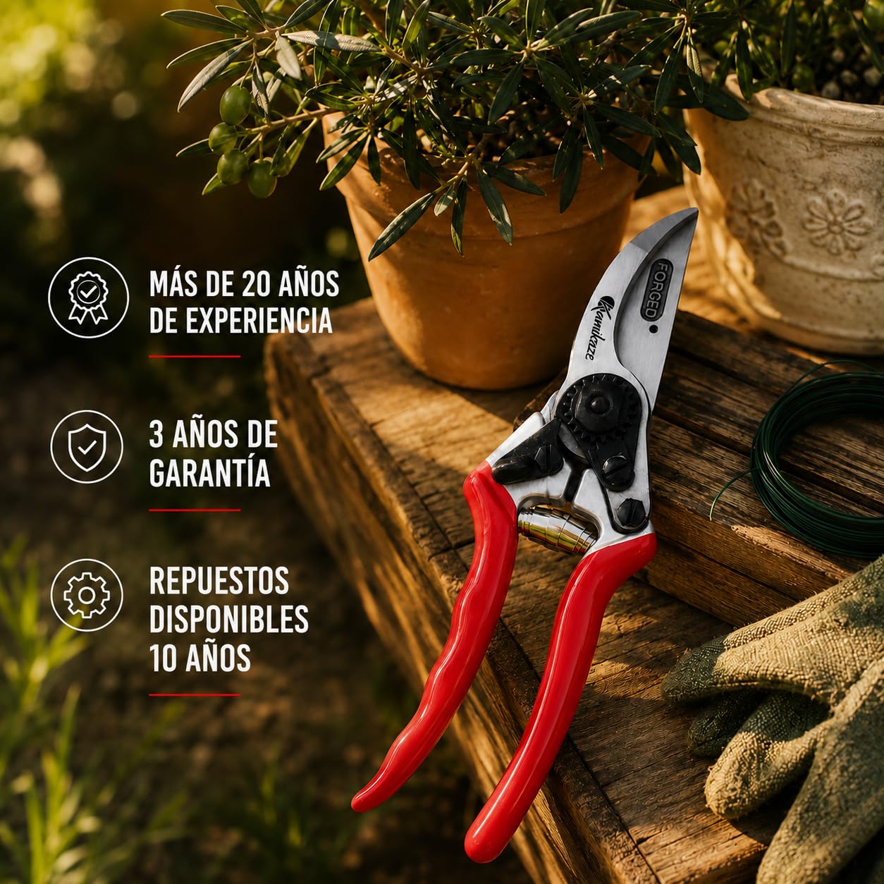 Tijeras de Poda Kamikaze Profesional. Mangos de Aluminio Revestidos en PVC Antideslizante. Hoja de Acero SK-5 Templado. Corta-Alambres. Corte Preciso hasta 25mm. Durabilidad Garantizada
