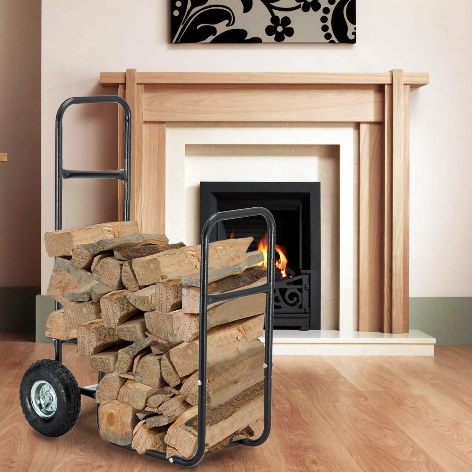 Carrello per legna da ardere con ruote grandi, carrello per legna da ardere, per interni ed esterni, design robusto