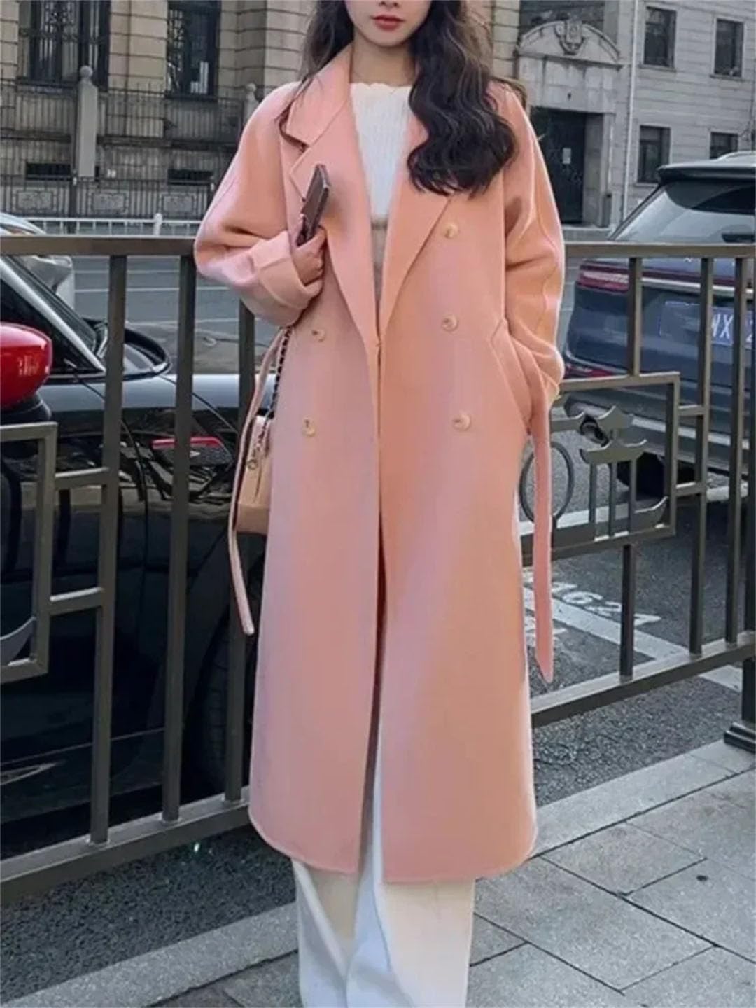 Abrigo de lana coreano suelto para mujer, elegante, liso, abrigo largo con cinturón, abrigo largo delgado y cálido