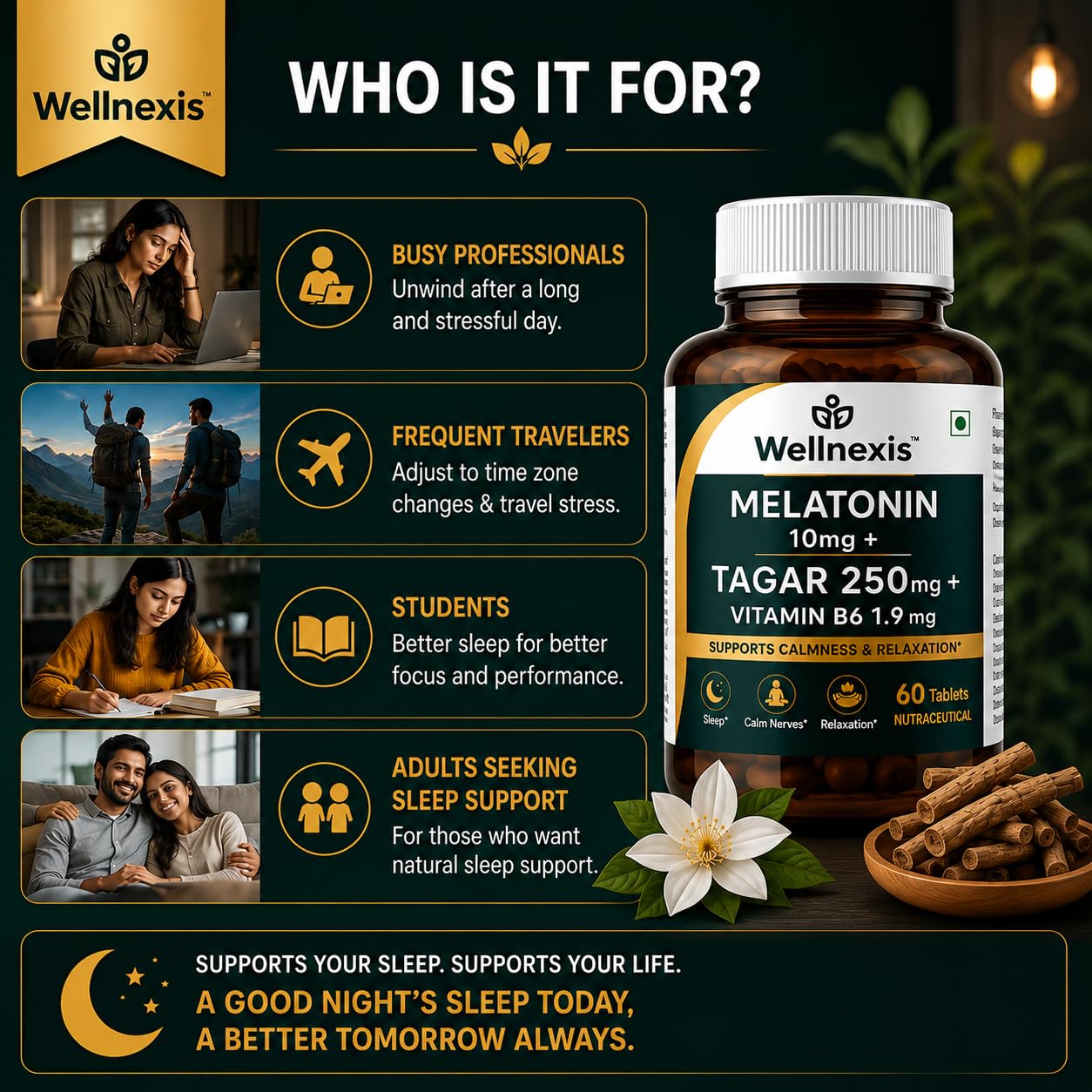 Melatonin 10mg Sleeping Tablets for Deep Sleep with Tagar 250 mg | Sleep Supplement for Men & Women | Melatonin Tablet for Restful Deep Sleeps | Sleeping Pills - 60 Veg Tablets. — Amazon image 5