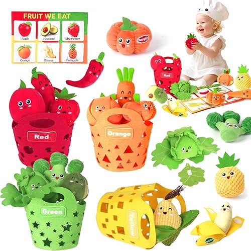Baby Sensory Toys - Plush Color Sorting Fruit Veggie Baby Toys 6-12 Months, Pretend Play Food with Rattle Crinkle for Toddlers 1-3, Birthday