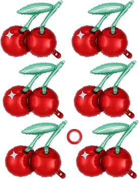 6 Pcs Cherry Balloons, 20 Inch Cute Cherry Foil Balloon, Red Fruit Mylar Balloons for Cherry Summer Themed Birthday Party Decoration Baby Shower