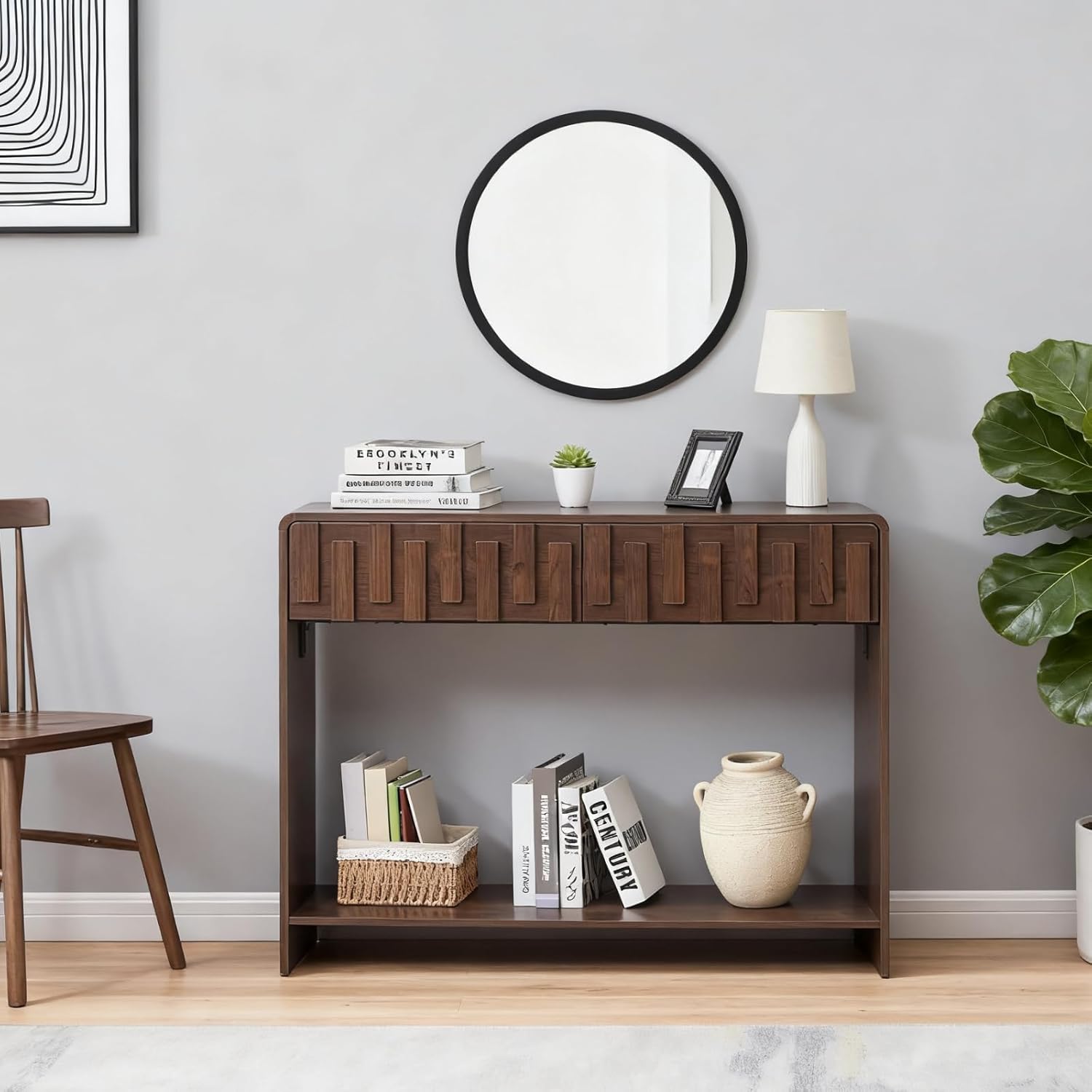 Console Sofa Table with 2 Drawers, 43-Inch Mid-Century Narrow Entryway Tables with Storage Shelf, Farmhouse Hallway Accent Tables Behind Couch Table for Living Room, Walnut