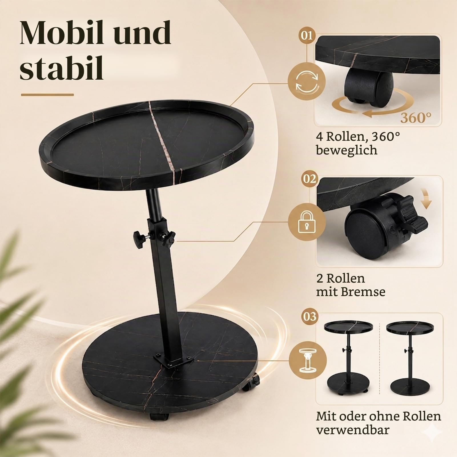 Beistelltisch Rund mit Rollen | Beistelltisch Höhenverstellbar (45-80cm) | Runde Beistelltische Holz Haben 360° Rotierend Nussbaum Finish | Couchtisch Klein für Wohnzimmer Sofa Couch (Schwarz)