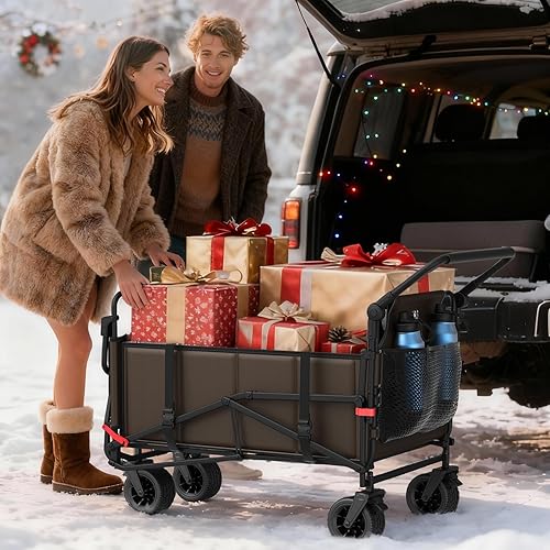 Miniatura 7 de LEVELEVE Carro plegable resistente, carrito plegable 2 en 1, capacidad de 650 libras, ruedas todo terreno con frenos y bolsillos laterales (marrón)