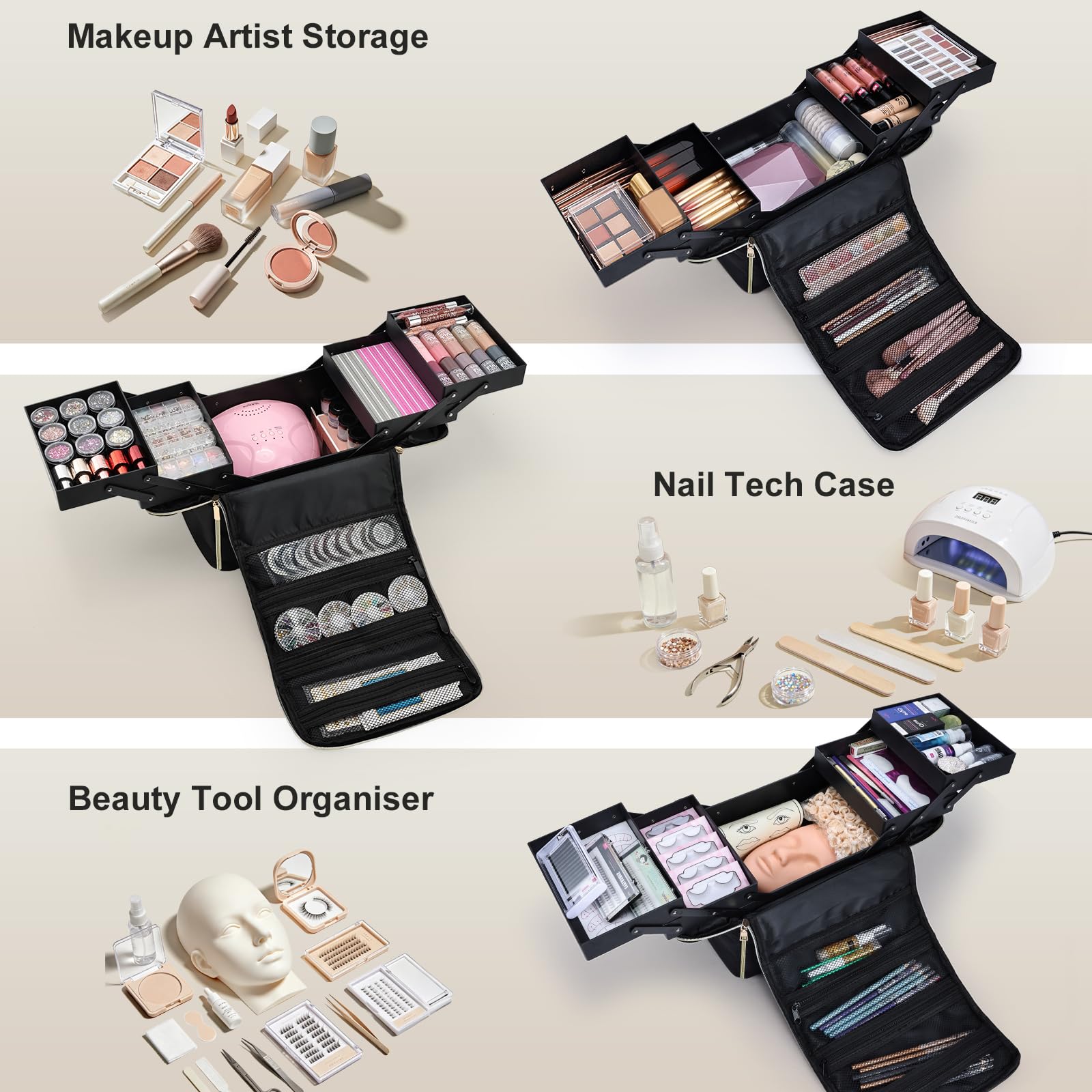 Joligrace Trousse per trucchi e cosmetici, organizer per smalti con tracolla, Oro e nero.