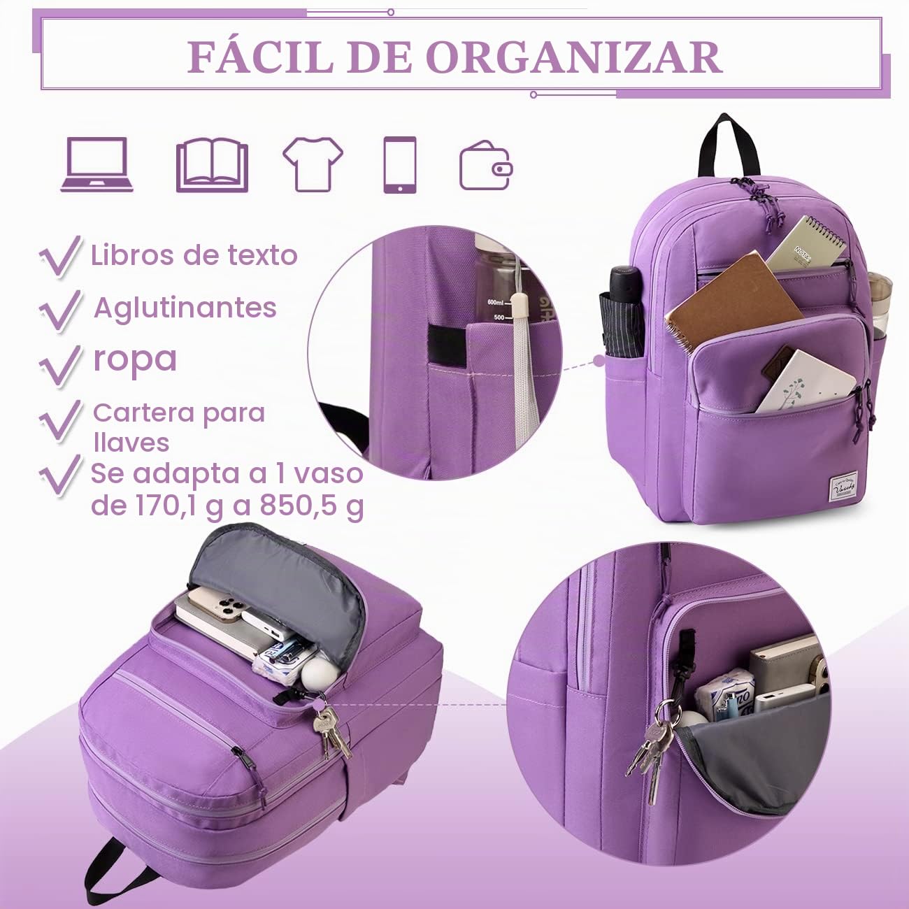 VASCHY Mochila Escolar 21L para Instituto Universidad Uso Casual Viaje