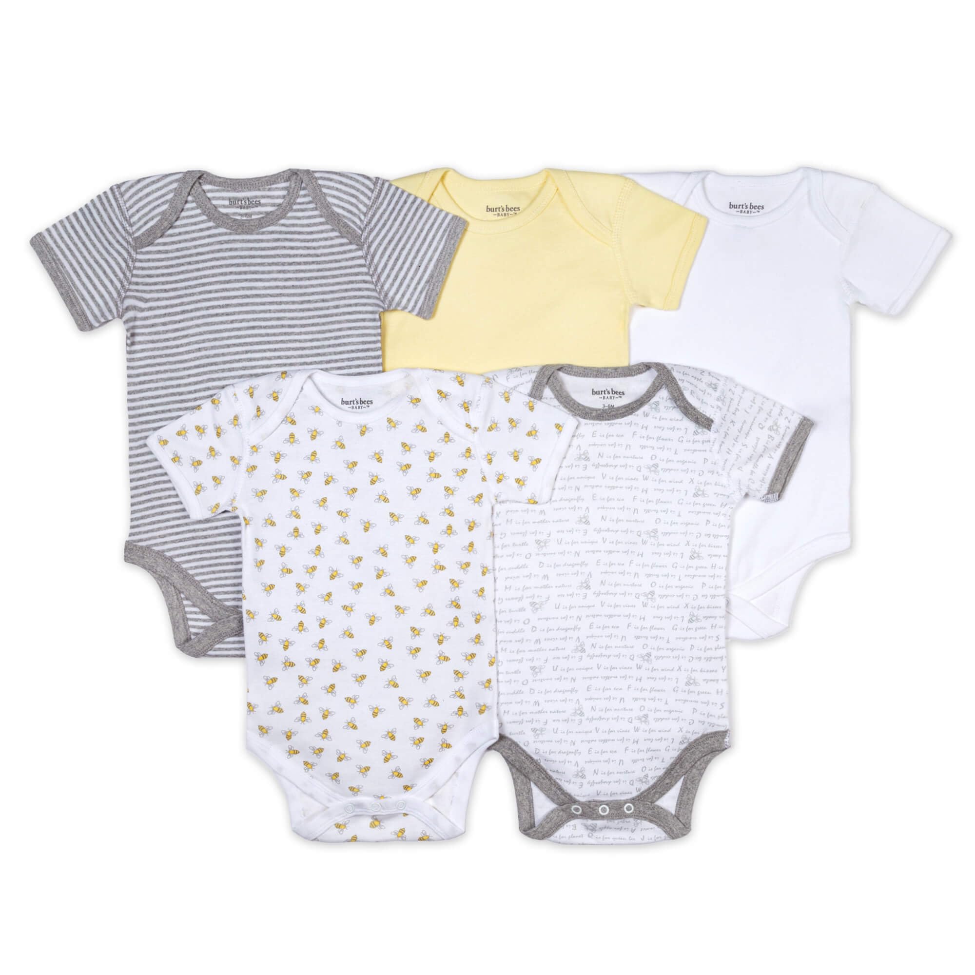 Burt's Bees Baby Bodysuits, Short Sleeve and Long Sleeve One-Pieces, 100% Organic Cotton, Pack of 5